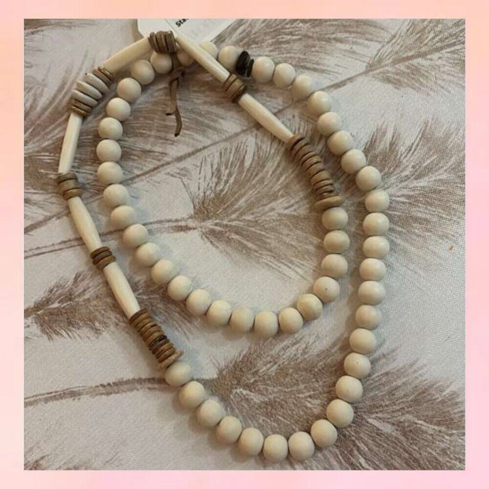 Cream Neutral Wood Bead Coastal Statement Necklace 35"